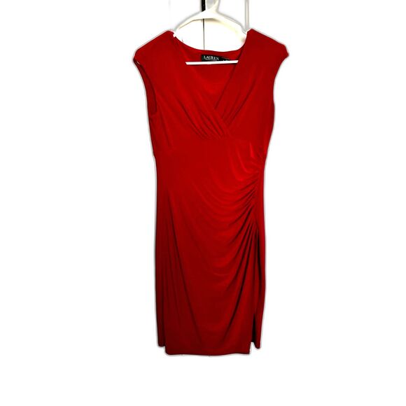 Lauren by Ralph Lauren Side Draped Jersey Knit Knee-Length Dress Size 4 Deep Red - Picture 3 of 7